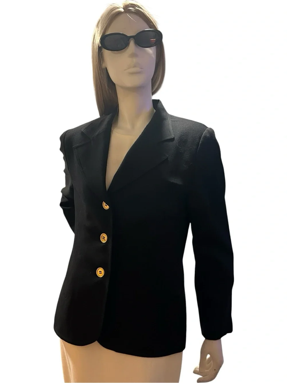 Vintage Christian Dior Black Wool Blazer Gold Buttons Power Dressing Size 14